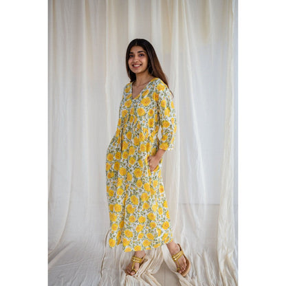 The Indian Ethnic Co. Sanganeri Yellow Cotton Flared Dress