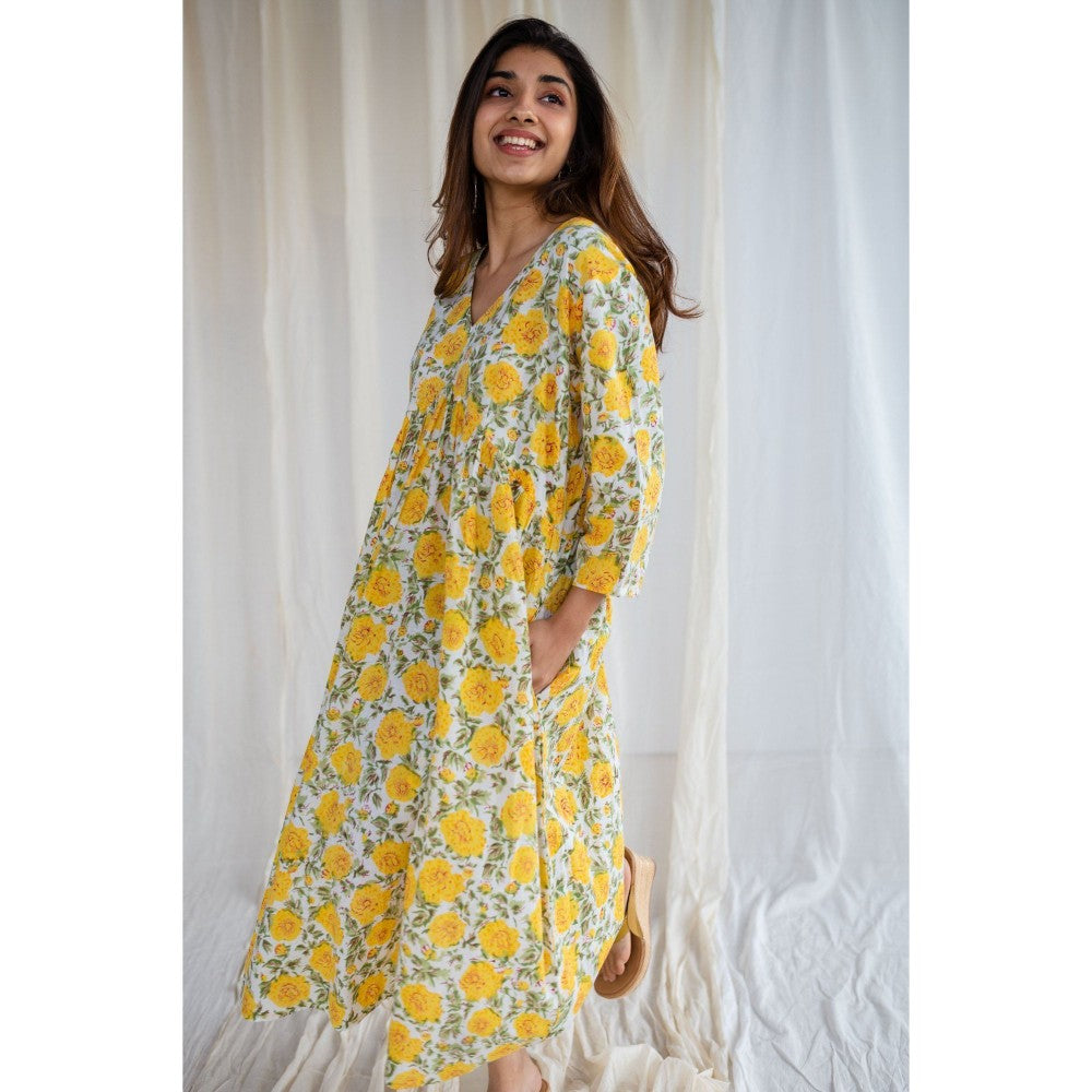 The Indian Ethnic Co. Sanganeri Yellow Cotton Flared Dress