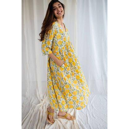 The Indian Ethnic Co. Sanganeri Yellow Cotton Flared Dress