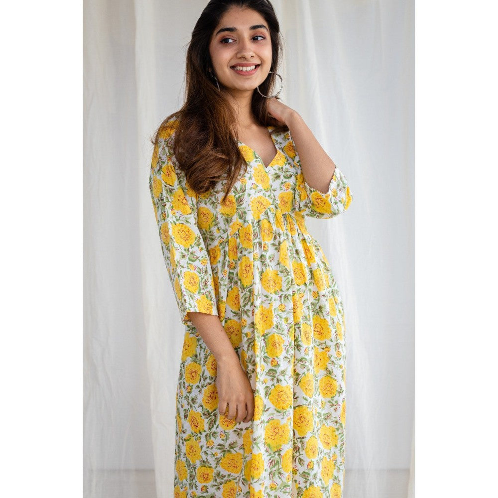 The Indian Ethnic Co. Sanganeri Yellow Cotton Flared Dress