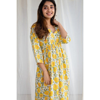 The Indian Ethnic Co. Sanganeri Yellow Cotton Flared Dress