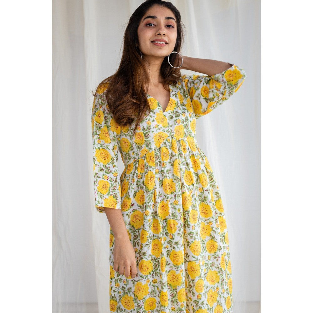 The Indian Ethnic Co. Sanganeri Yellow Cotton Flared Dress