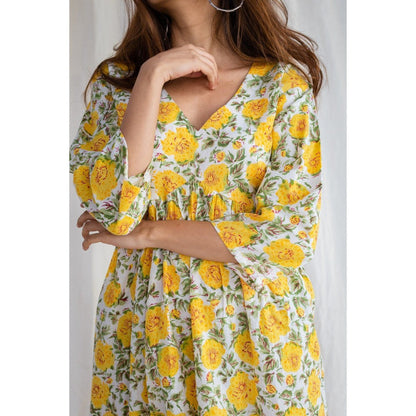 The Indian Ethnic Co. Sanganeri Yellow Cotton Flared Dress