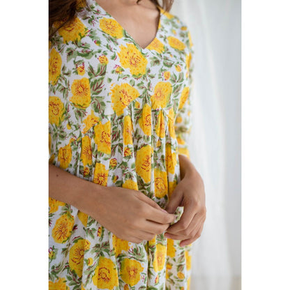 The Indian Ethnic Co. Sanganeri Yellow Cotton Flared Dress