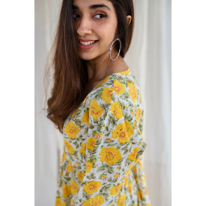 The Indian Ethnic Co. Sanganeri Yellow Cotton Flared Dress