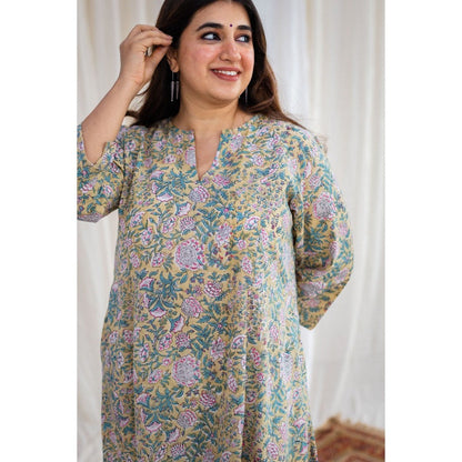 The Indian Ethnic Co. Sanganeri Yellow Cotton Kurta