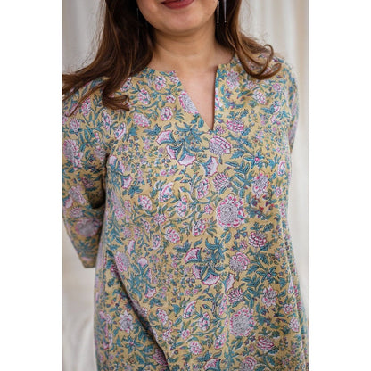 The Indian Ethnic Co. Sanganeri Yellow Cotton Kurta