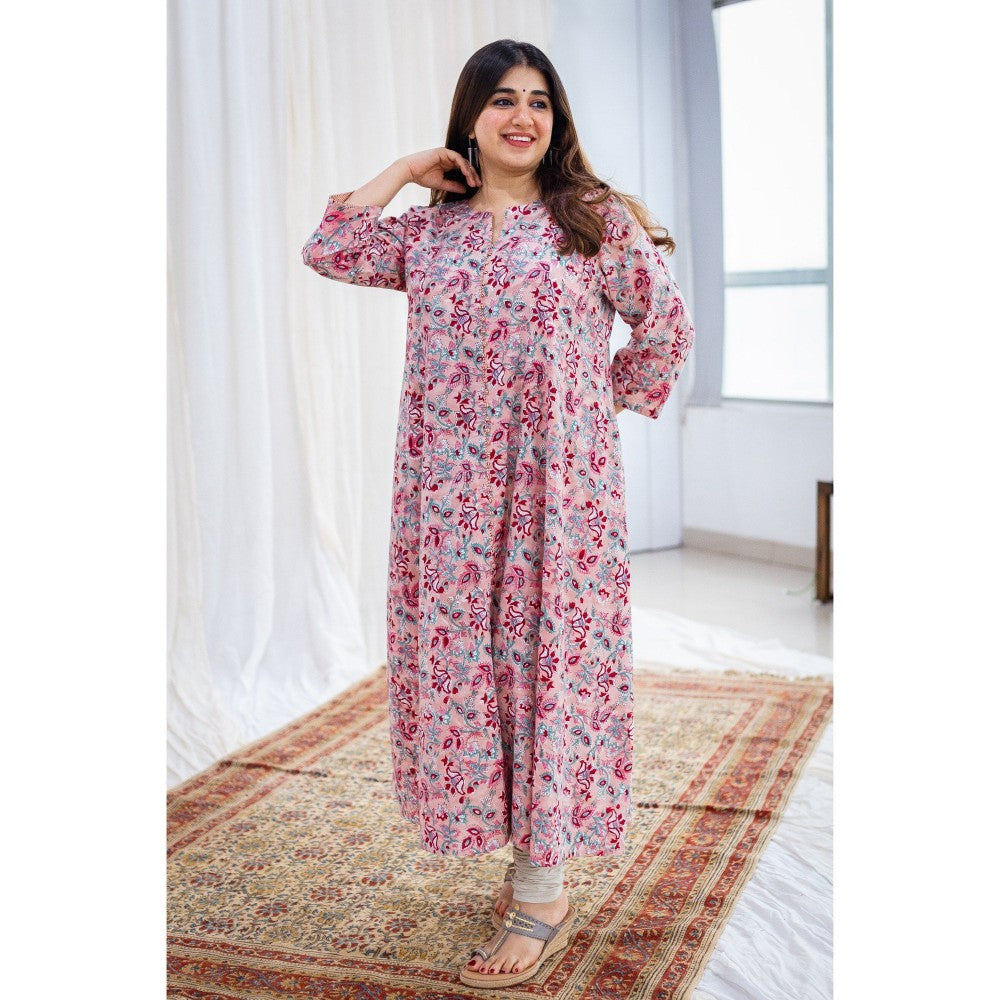 The Indian Ethnic Co. Sanganeri Peach Cotton Kurta