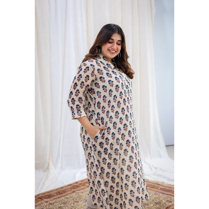The Indian Ethnic Co. Ajrakh Beige Mul Kurta