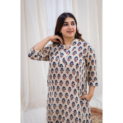 The Indian Ethnic Co. Ajrakh Beige Mul Kurta