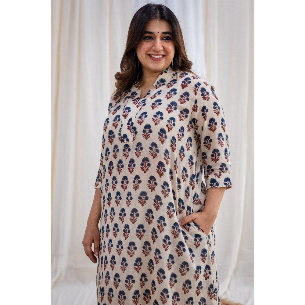 The Indian Ethnic Co. Ajrakh Beige Mul Kurta