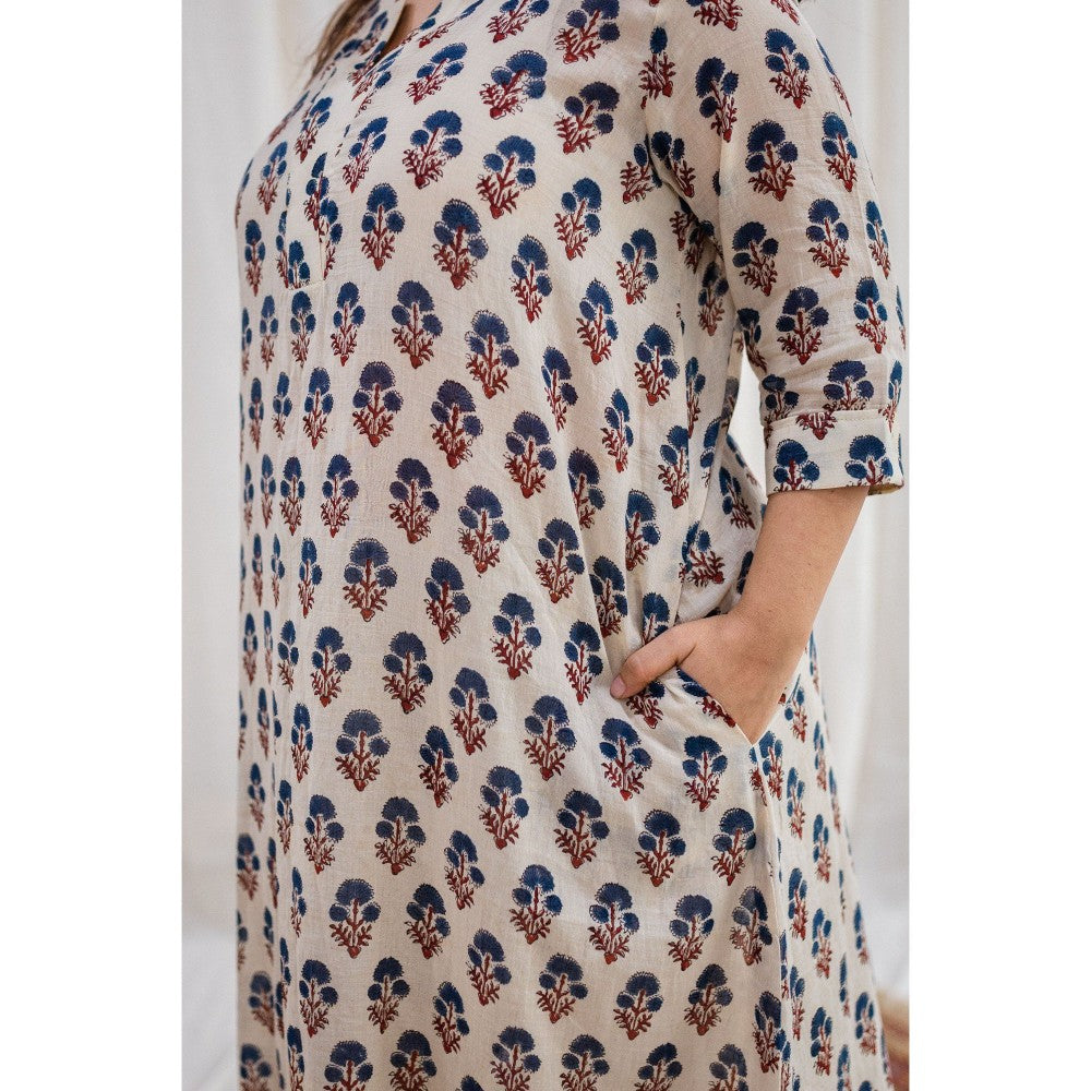 The Indian Ethnic Co. Ajrakh Beige Mul Kurta