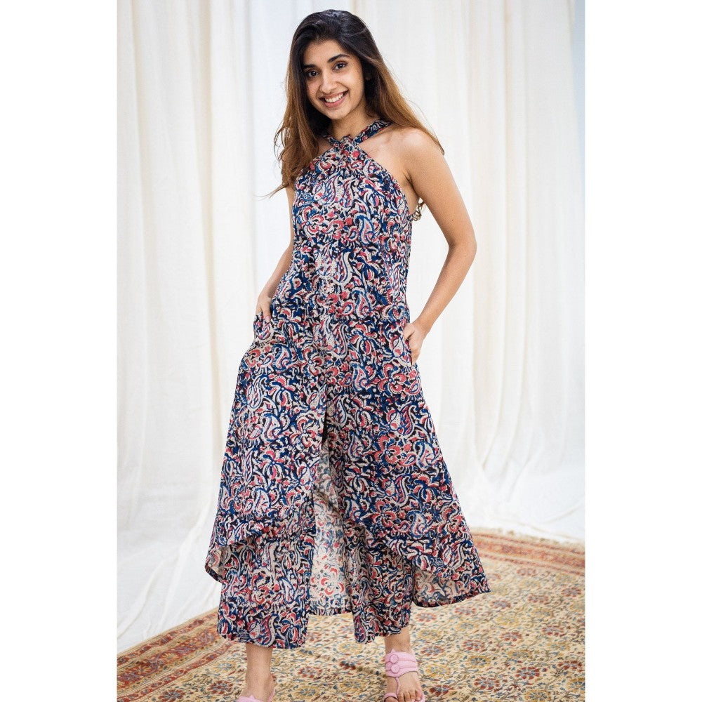The Indian Ethnic Co. Kalamkari Black Cotton Halter Neck Kurta+ bottom