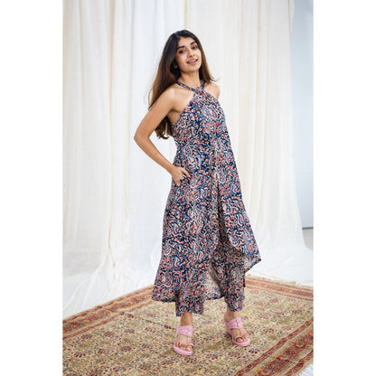 The Indian Ethnic Co. Kalamkari Black Cotton Halter Neck Kurta+ bottom