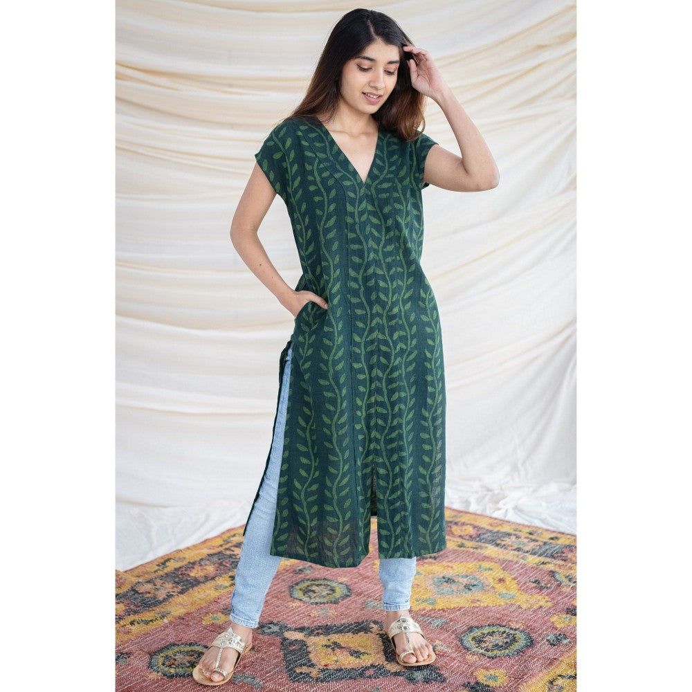 The Indian Ethnic Co. Green Slub Cotton Kurta