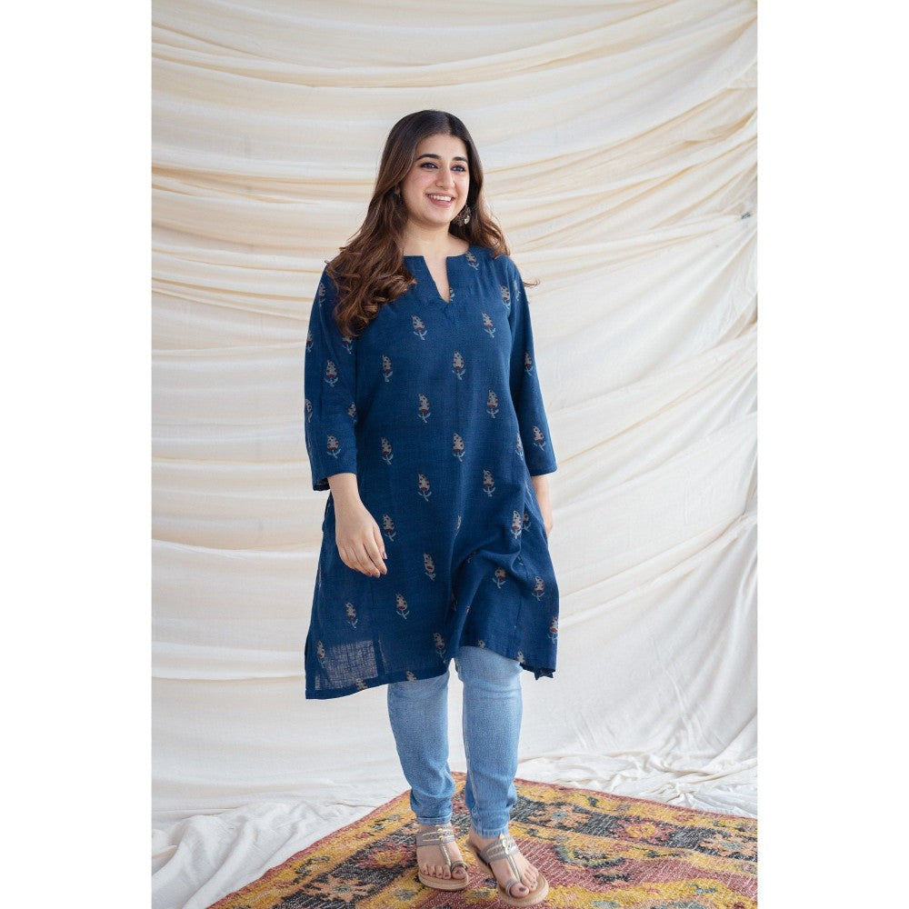 The Indian Ethnic Co. Slub Cotton Indigo Short Tunic