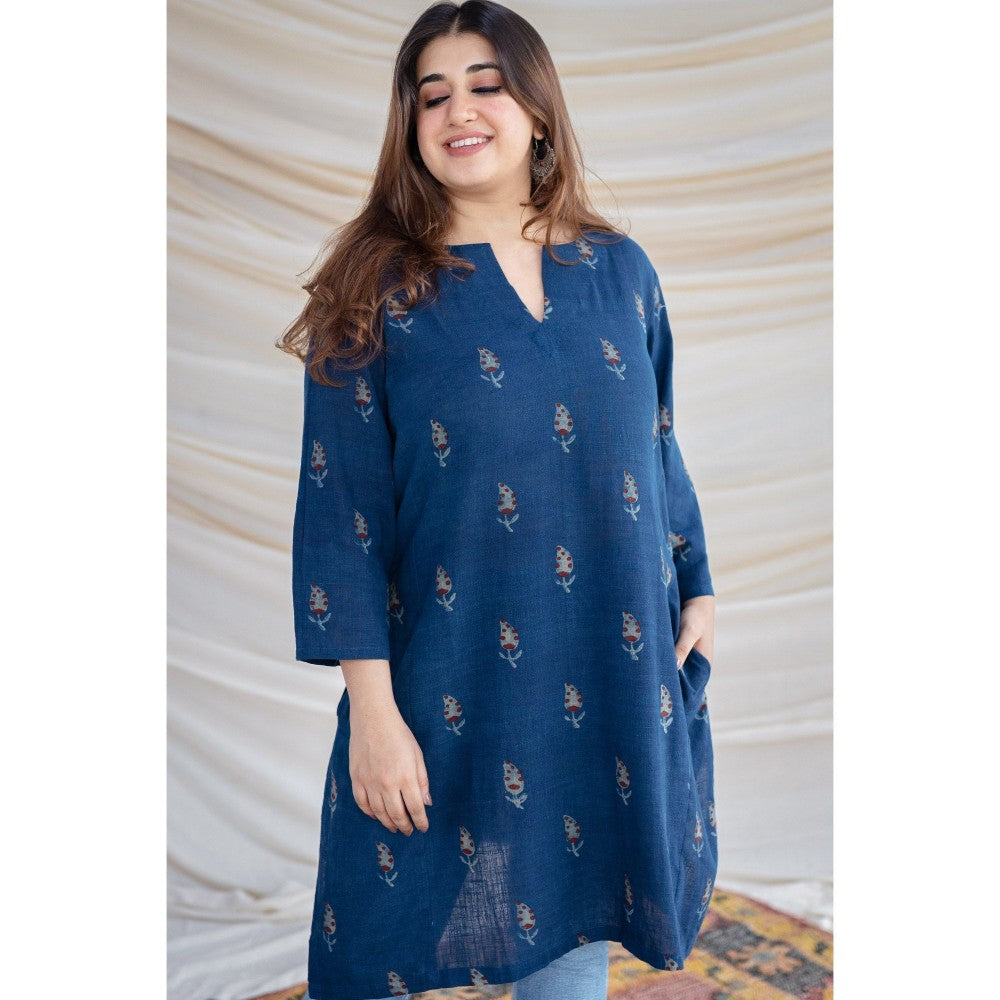 The Indian Ethnic Co. Slub Cotton Indigo Short Tunic