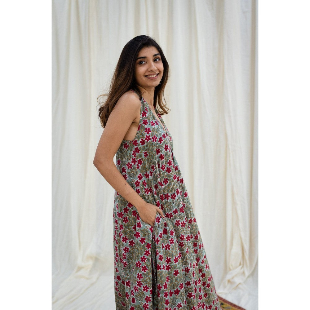 The Indian Ethnic Co. Sanganeri Green Flared Cotton Maxi Dress