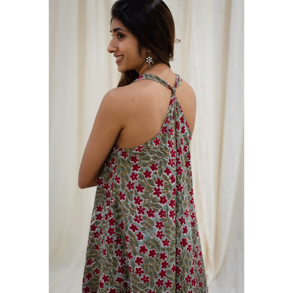 The Indian Ethnic Co. Sanganeri Green Flared Cotton Maxi Dress