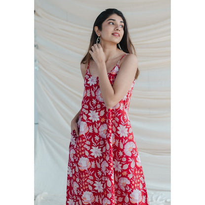 The Indian Ethnic Co. Red Sanganeri Cotton Dress