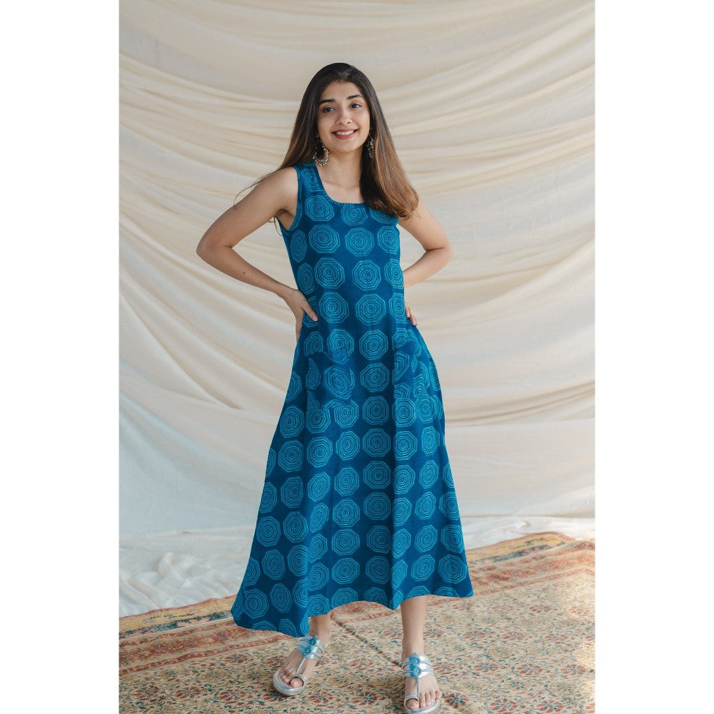 The Indian Ethnic Co. Blue A Line Slub Cotton Dress
