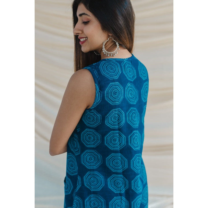 The Indian Ethnic Co. Blue A Line Slub Cotton Dress