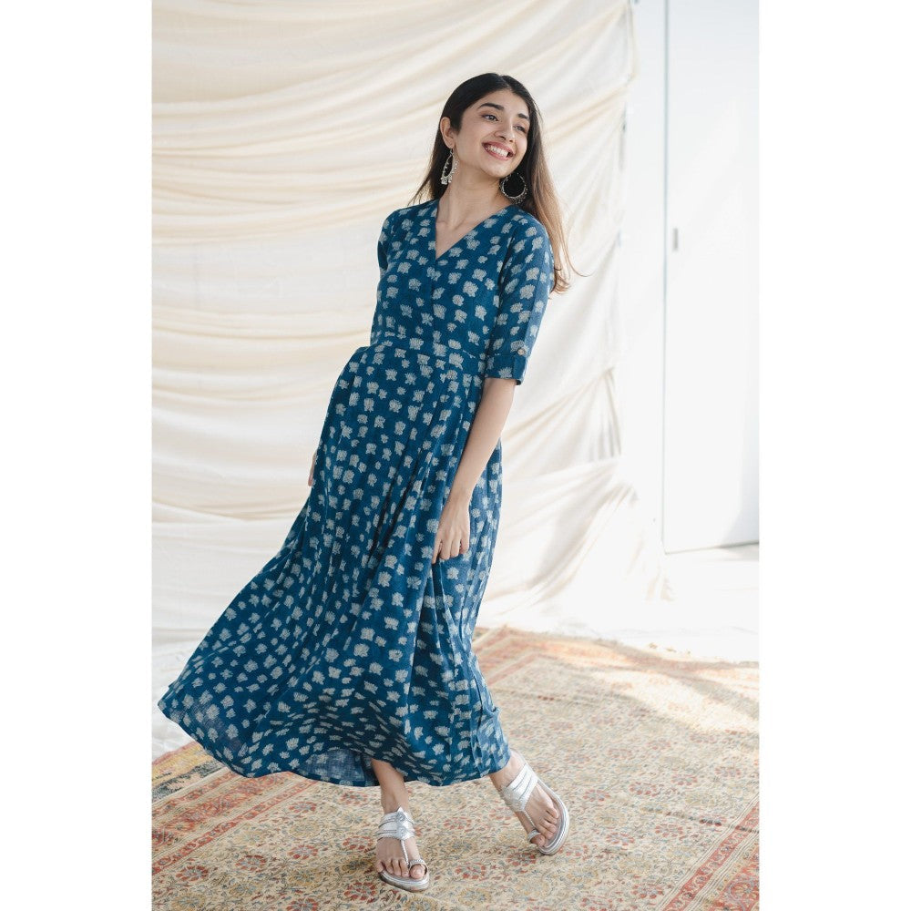 The Indian Ethnic Co. Blue A-Line Slub Cotton Maxi Dress