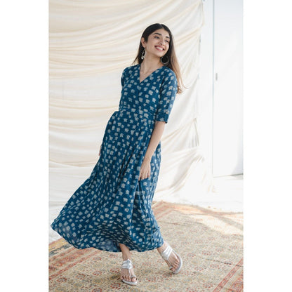 The Indian Ethnic Co. Blue A-Line Slub Cotton Maxi Dress