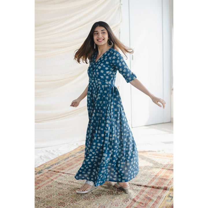 The Indian Ethnic Co. Blue A-Line Slub Cotton Maxi Dress