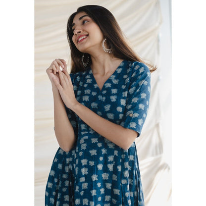 The Indian Ethnic Co. Blue A-Line Slub Cotton Maxi Dress