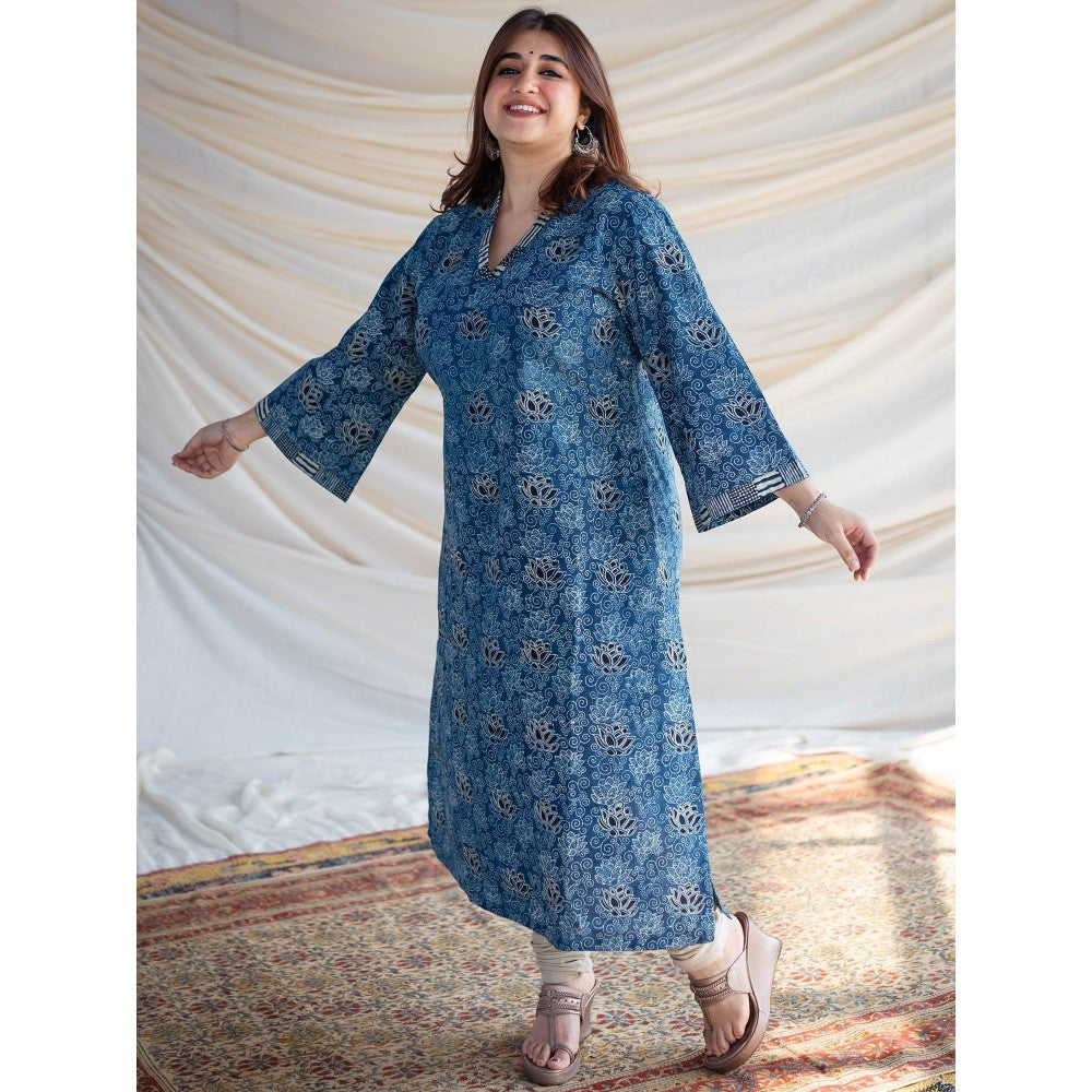 The Indian Ethnic Co. Blue Lotus Ajrakh Cotton Straight Kurta