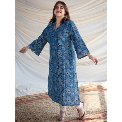 The Indian Ethnic Co. Blue Lotus Ajrakh Cotton Straight Kurta