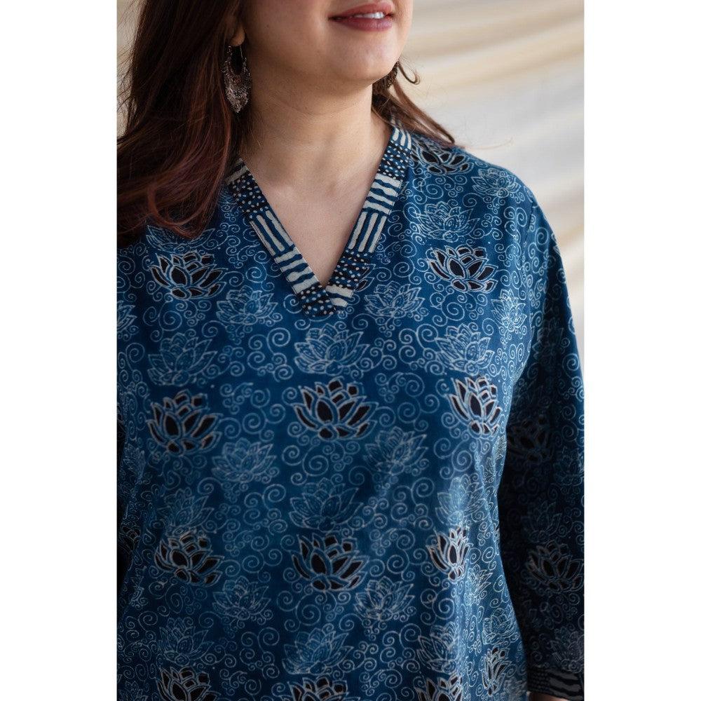The Indian Ethnic Co. Blue Lotus Ajrakh Cotton Straight Kurta