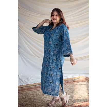 The Indian Ethnic Co. Blue Lotus Ajrakh Cotton Straight Kurta