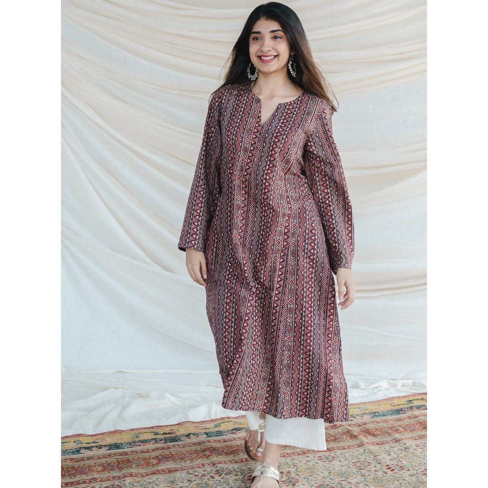 The Indian Ethnic Co. Brown Ajrakh Kali Cotton Kurta