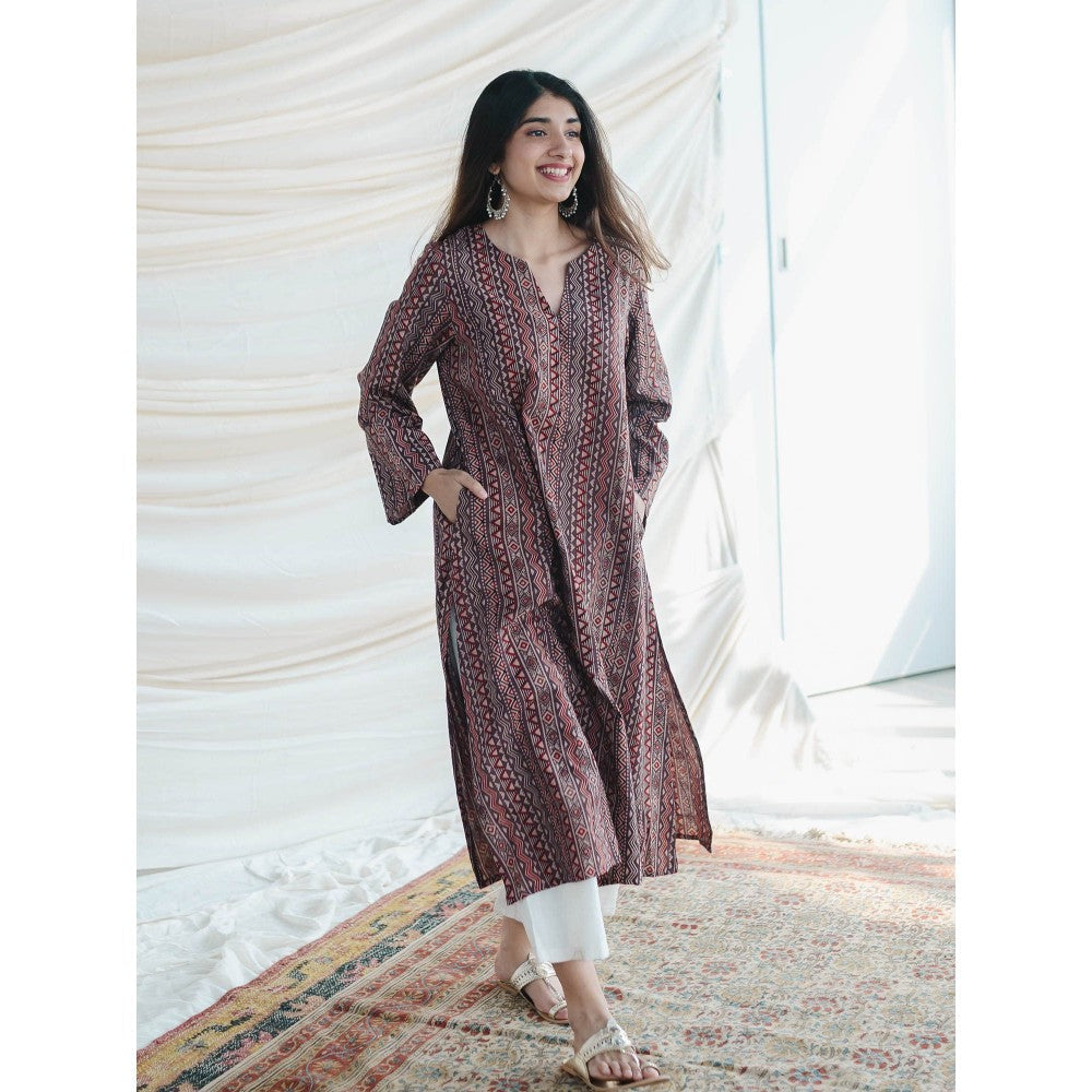 The Indian Ethnic Co. Brown Ajrakh Kali Cotton Kurta