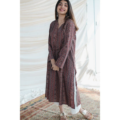 The Indian Ethnic Co. Brown Ajrakh Kali Cotton Kurta