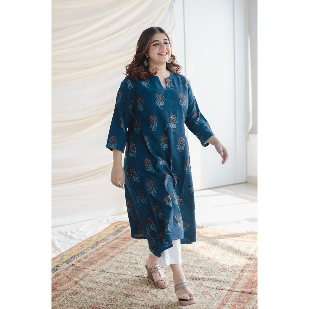 The Indian Ethnic Co. Blue Slub Cotton A Line Kurta