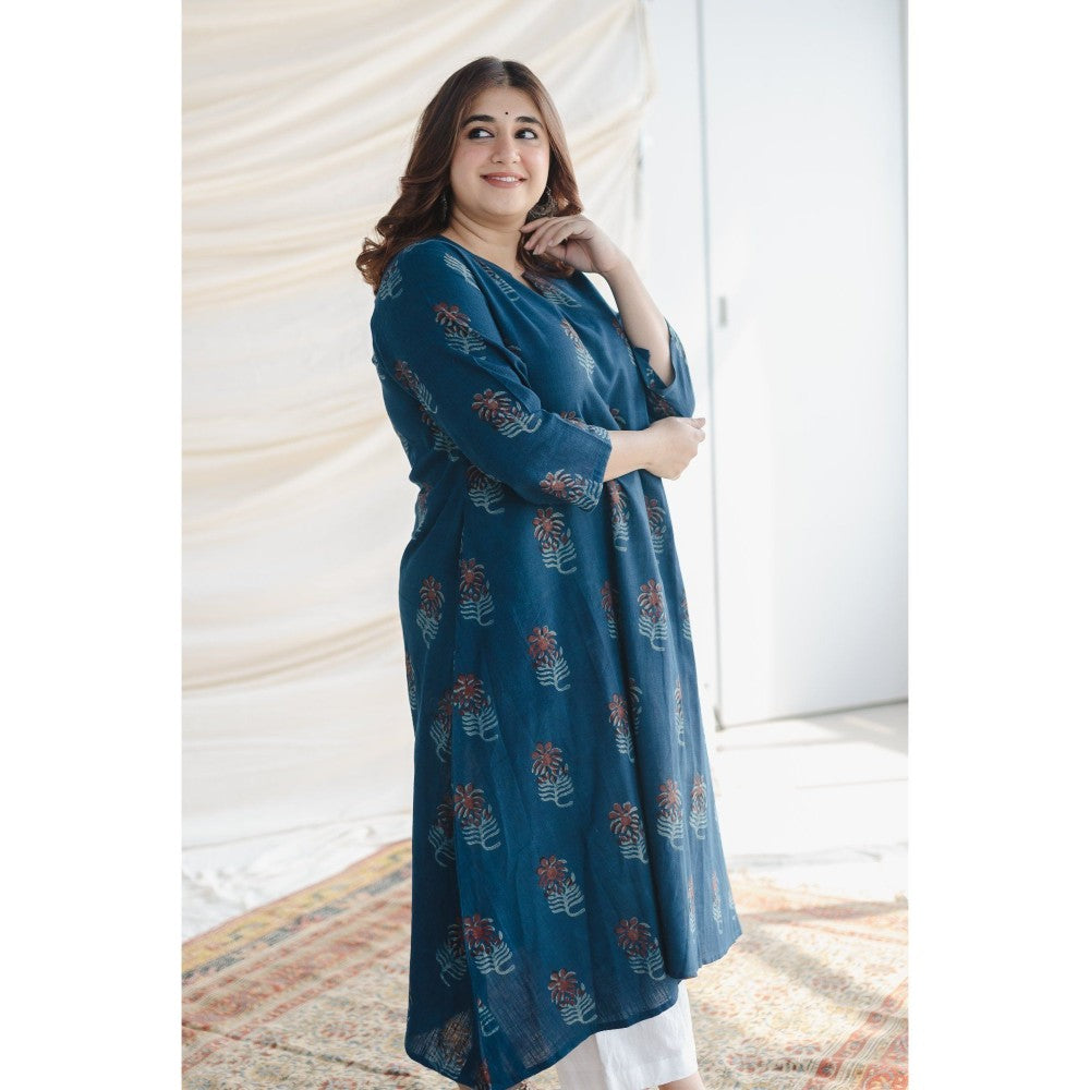 The Indian Ethnic Co. Blue Slub Cotton A Line Kurta