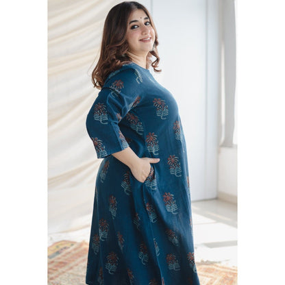 The Indian Ethnic Co. Blue Slub Cotton A Line Kurta