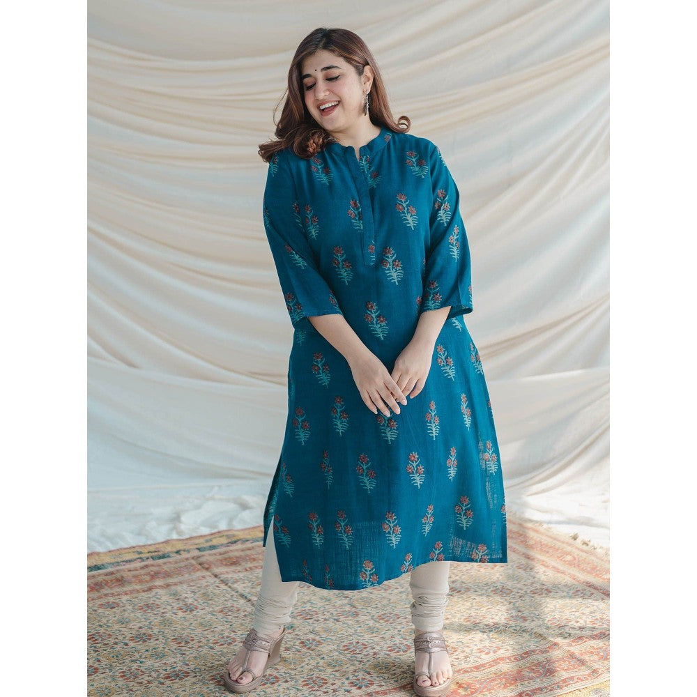 The Indian Ethnic Co. Blue Slub Cotton Straight Kurta