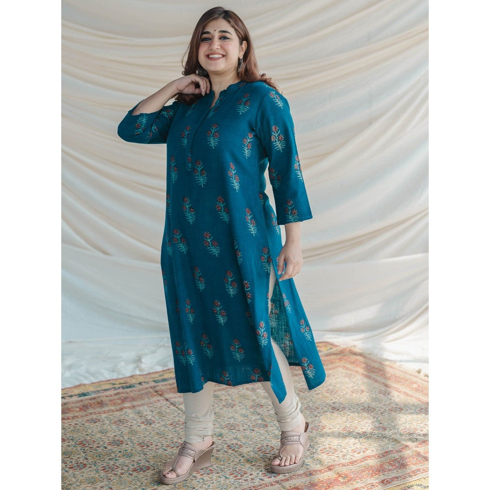 The Indian Ethnic Co. Blue Slub Cotton Straight Kurta