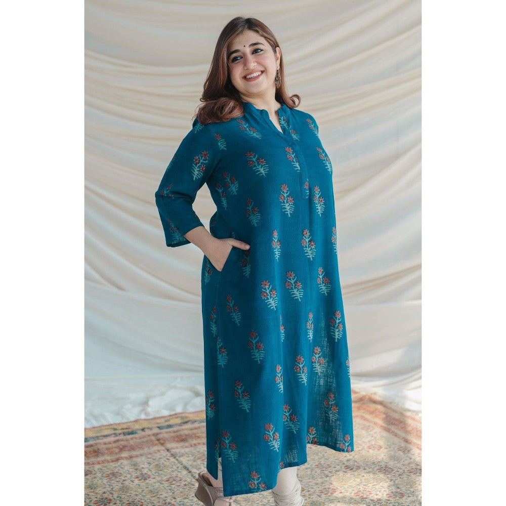 The Indian Ethnic Co. Blue Slub Cotton Straight Kurta