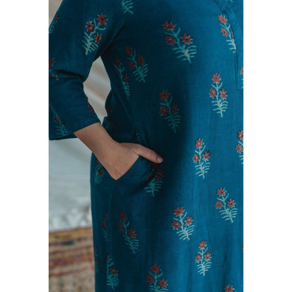 The Indian Ethnic Co. Blue Slub Cotton Straight Kurta