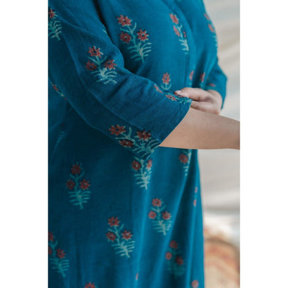 The Indian Ethnic Co. Blue Slub Cotton Straight Kurta