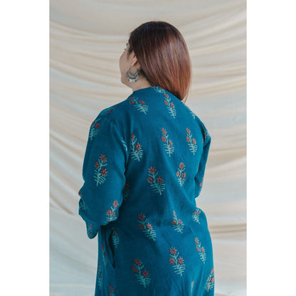 The Indian Ethnic Co. Blue Slub Cotton Straight Kurta