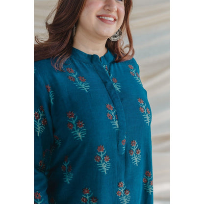 The Indian Ethnic Co. Blue Slub Cotton Straight Kurta