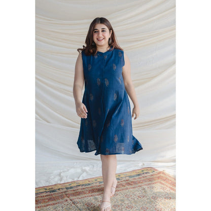 The Indian Ethnic Co. Blue Dabu Slub Cotton A Line Dress