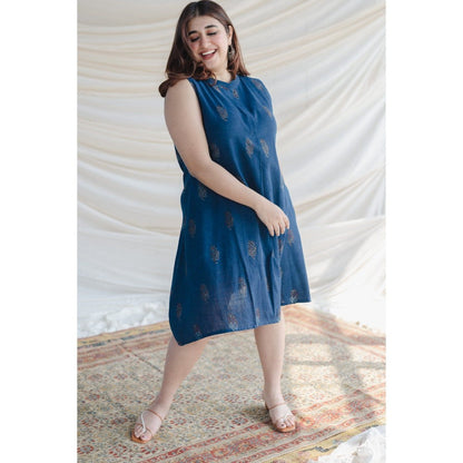 The Indian Ethnic Co. Blue Dabu Slub Cotton A Line Dress