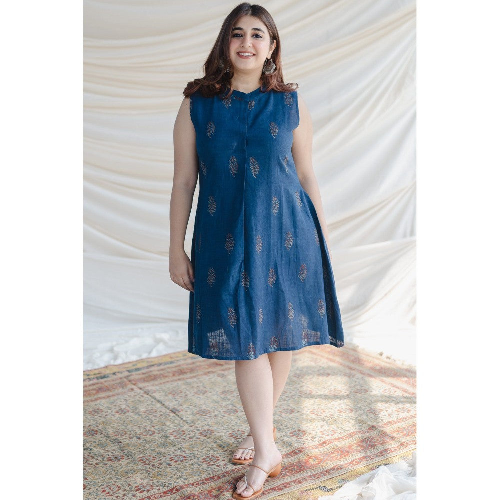 The Indian Ethnic Co. Blue Dabu Slub Cotton A Line Dress